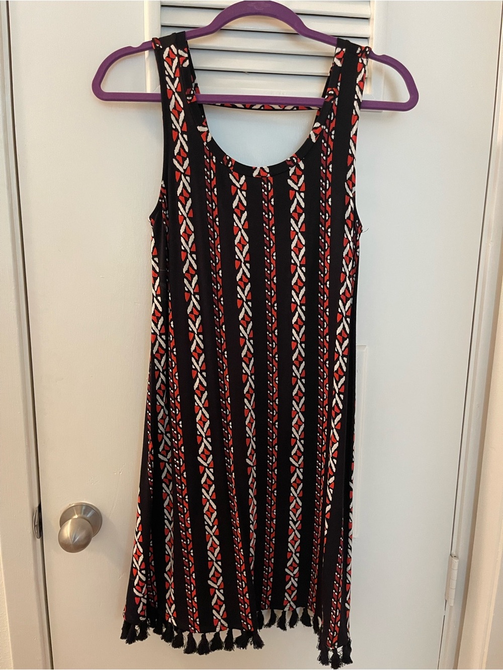 a:glow Black and Red Patterned Tassel-Hem Tank Dress